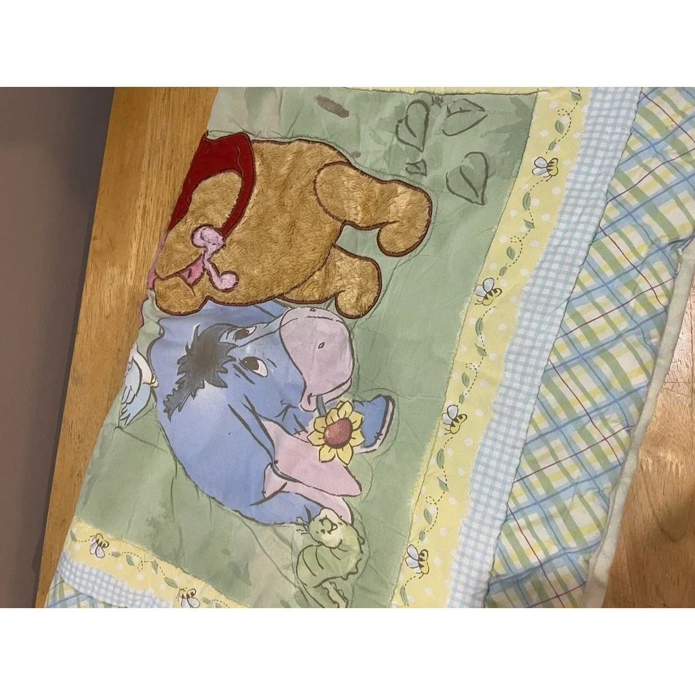 Pooh Piglet Eeyore Bird Butterfly Crib Comforter Bee Blue Yellow Plaid Blanket‎